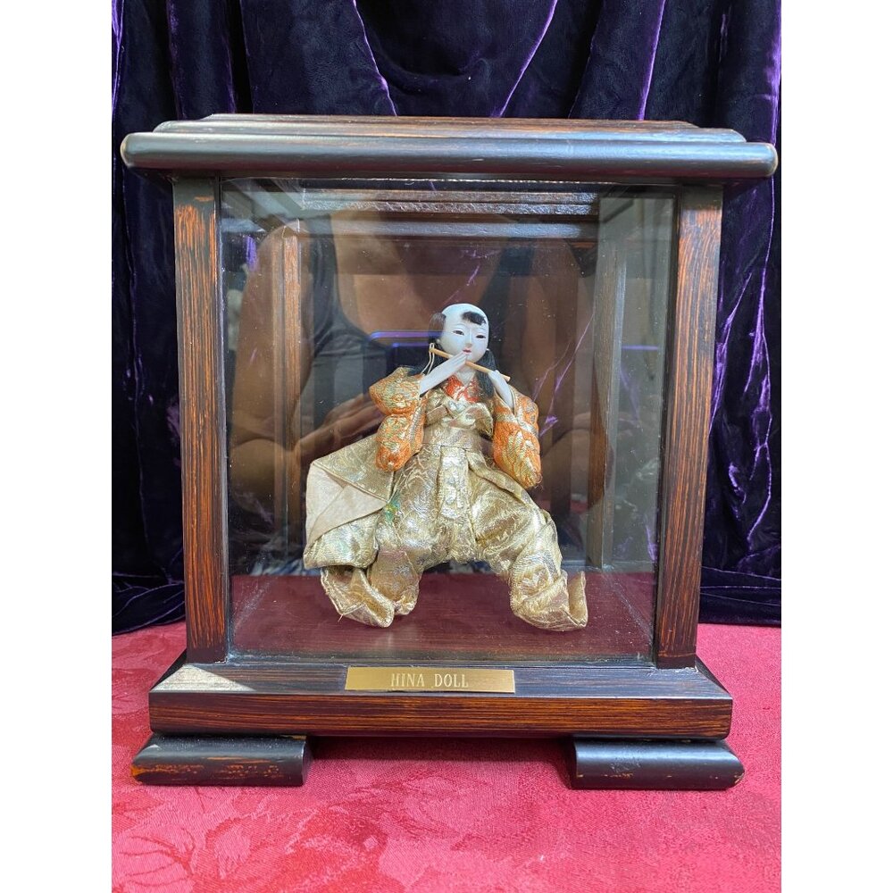 Vtg Japanese Hina Doll Bald Old Man Musician Flute Enclosed Glass Case Kimono